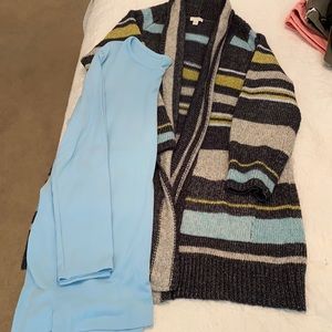 Cotton, acrylic, wool blue multi stripe Cardigan. Pima cotton tunic Light blue